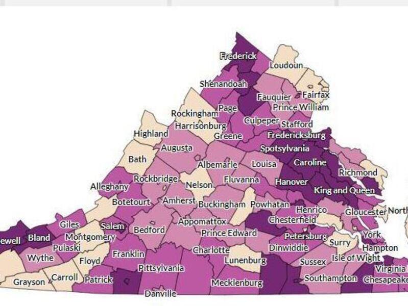 A map of virginia with sections ranging from cream to dark purple 