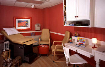 Vibrant colors and unique designs put an entertaining twist on the typical exam room. Parents have commented that their children look forward to their appointments and are excited about visiting any of the clinics nine different exam rooms. One clinic staff member overheard a child say, "today I get to go to the elephant room!"

Photos by Lee Brauer, Baskervill & Son