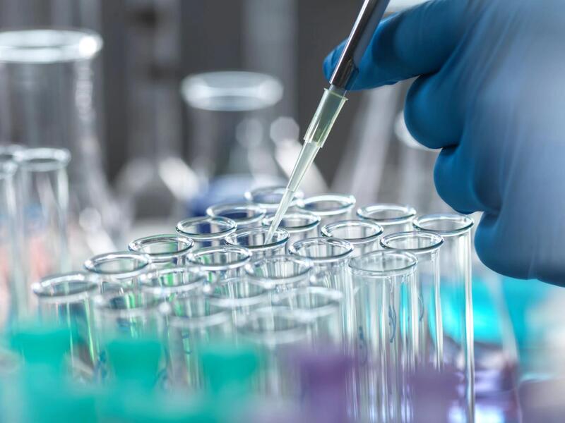 A photo of a hand wearing a blue latex glove filling beakers with liquid. 