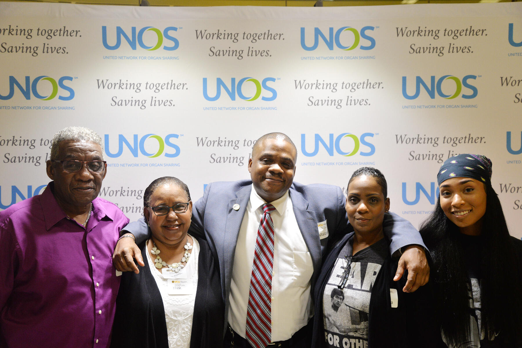 Thomas Bradford, Hilda Bradford, Malcolm Bradford, Tanyika Johnson and Bria Bradford-Johnson pose for a photo at the Hume-Lee living donor recipient celebration. 