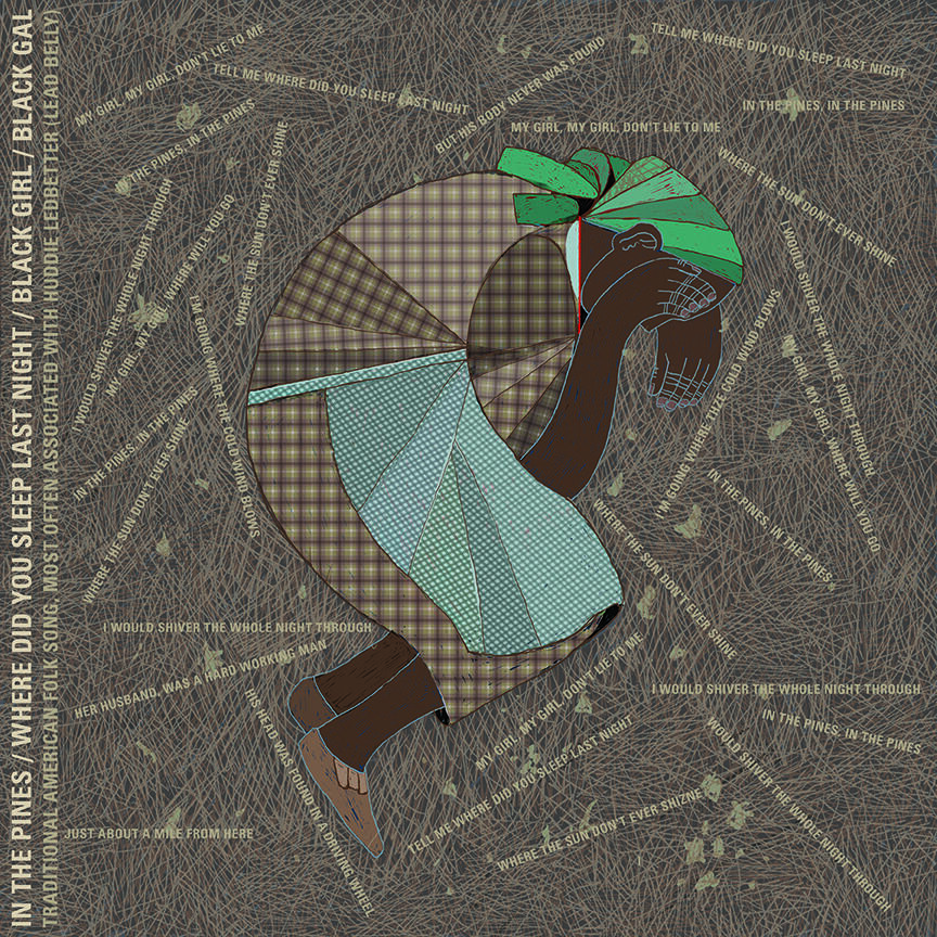 An illustration of a black woman laying in the fetal position with lyrics from Lead Belly’s “In the Pines” around her