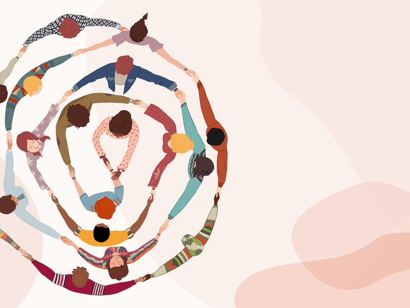 Drawing from above of people holding hands in a concentric circle.