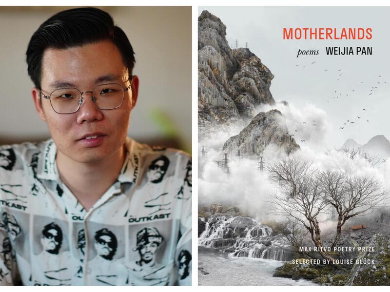 A photo of a man to the left of a book cover. The book cover shows the side of a mountain and lake with text that reads \"MOTHERLANDS poems WEIJAI PAN\" 