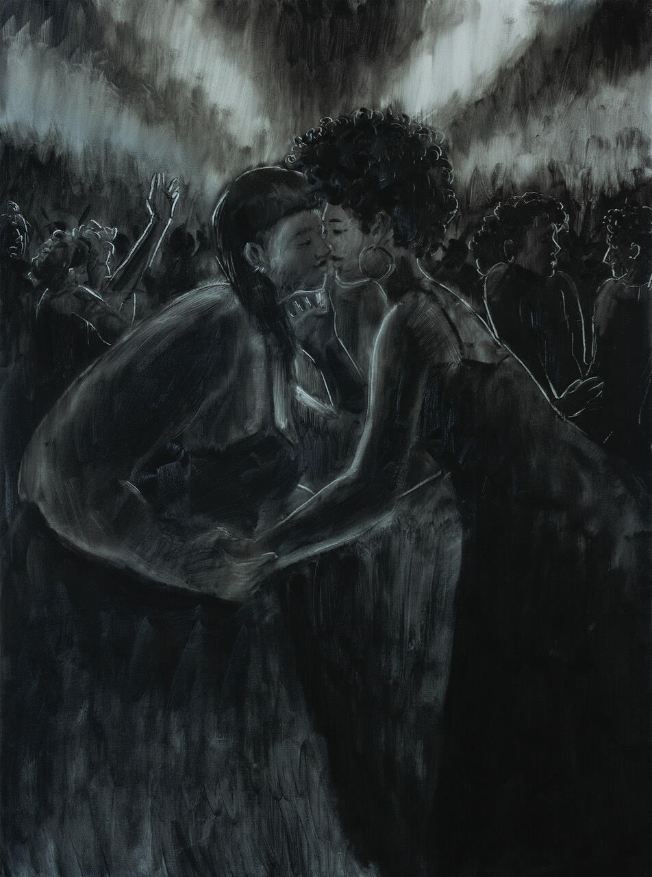 A black and white illustration of two women about to kiss in a crowded room