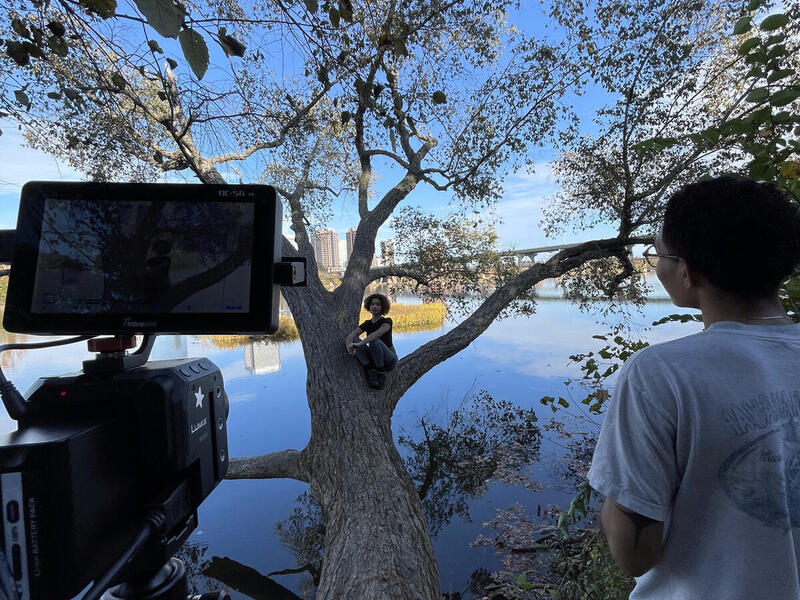 A photo of a person and a video camera seperated by a fallen tree. At the end of the fallen tree another person is sitting on one of the branches