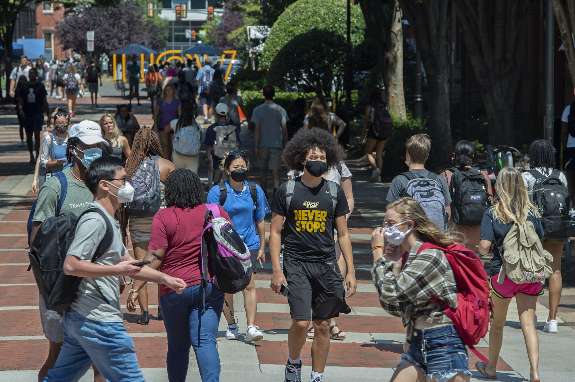 Students on the way to and from class on the first day of the fall semester.