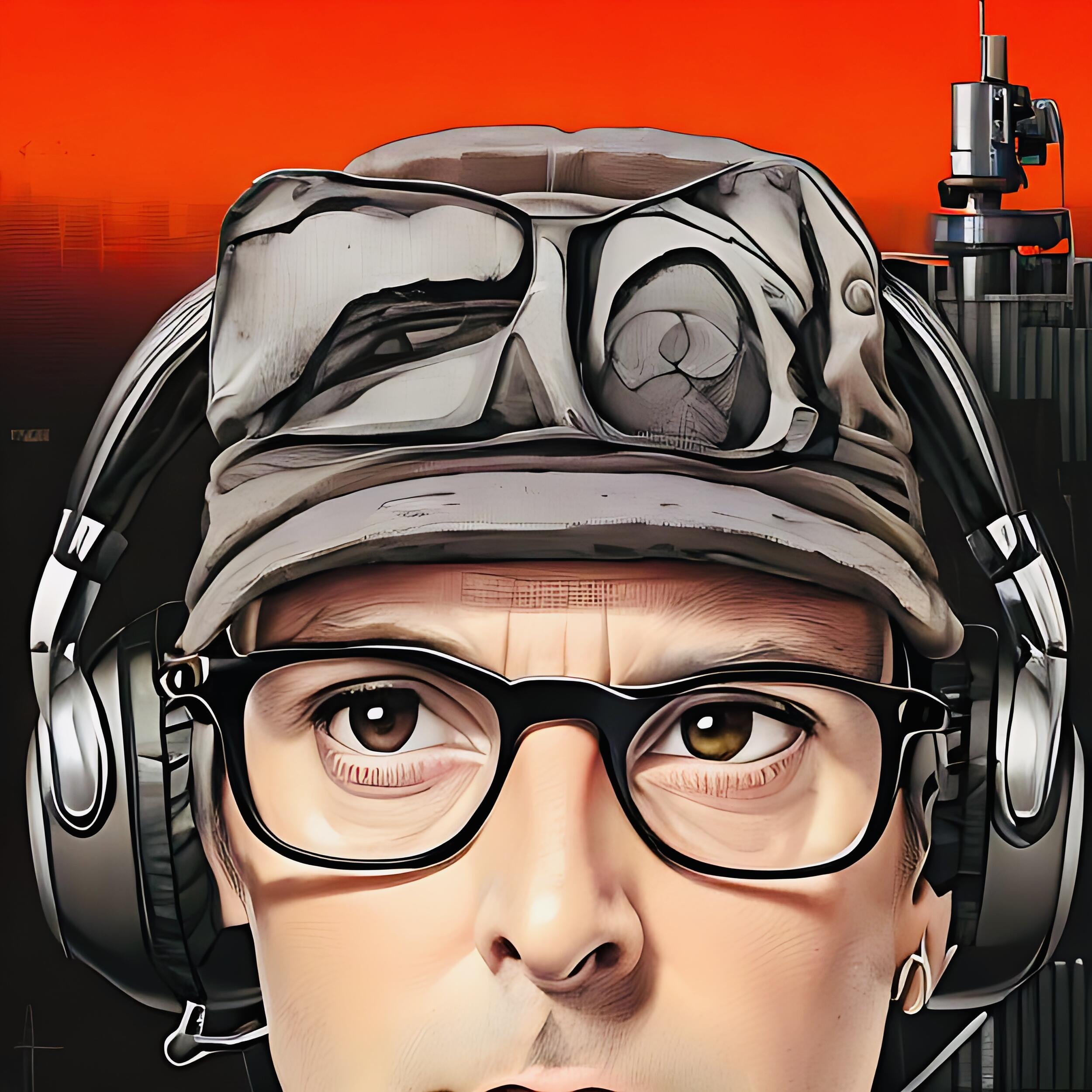 An illustration a the top half of a man's head. He is wearing glasses, headphones and a hat. 