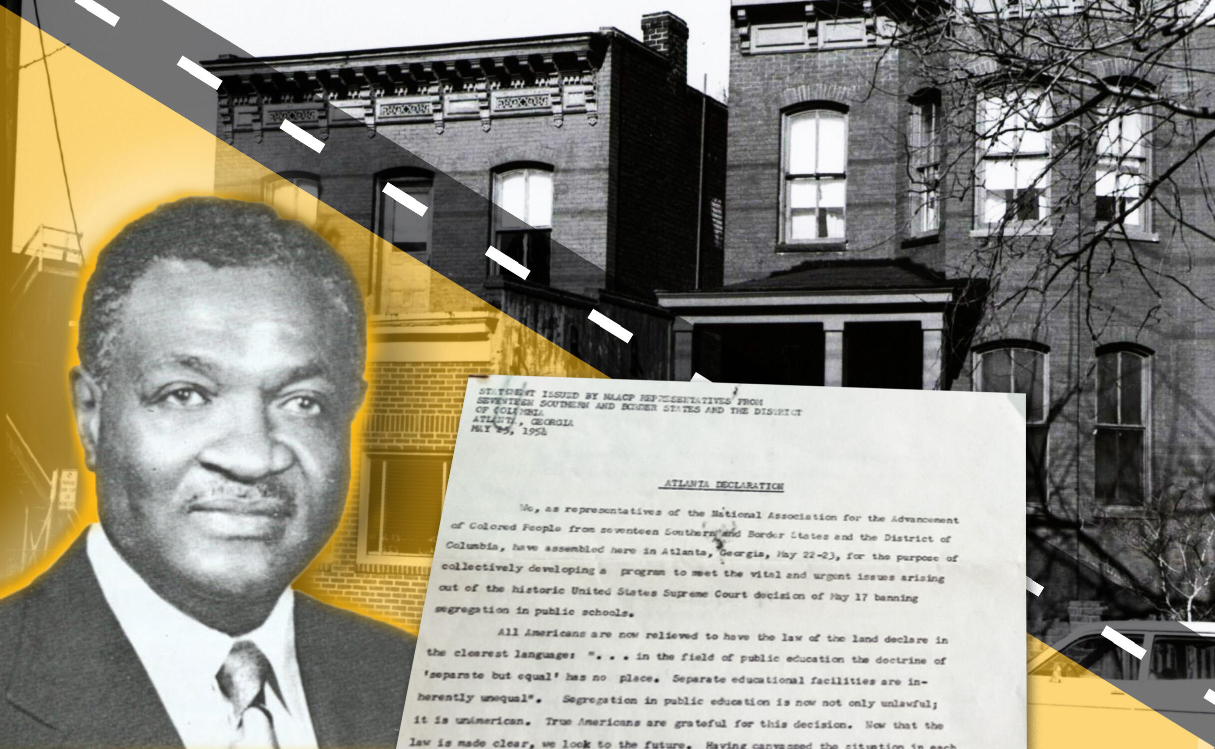 A photo collage with old town houses, a historic document, and a black and white photo of a man from the chest up. 