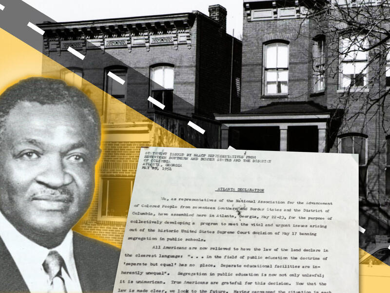 A photo collage with old town houses, a historic document, and a black and white photo of a man from the chest up. 