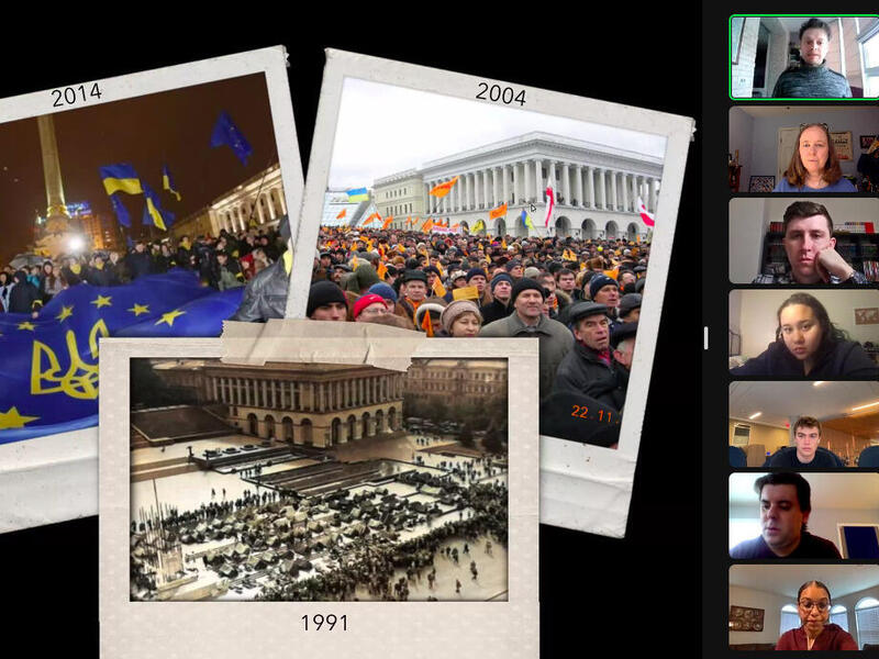 On the far left is text that reads \"The Winter of Our Discontent: Political Contention in Independent Ukraine\" To the right of the text are three photos and then a row of students 