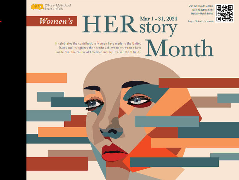 An illustration of a woman's face. Text above the face reads \"Women's HERstory Month Mar 1-31, 2024\"