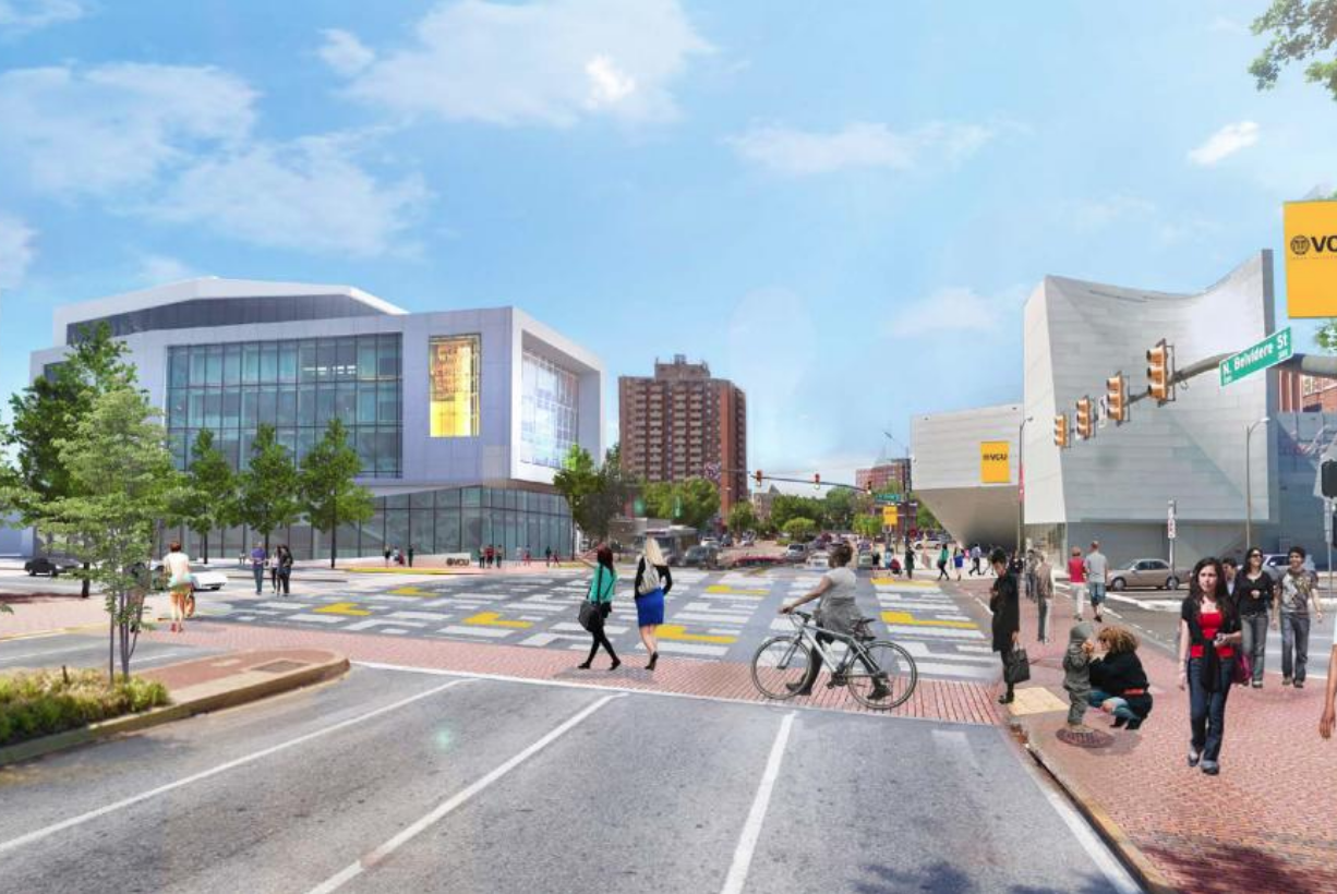 Rendering of intersection enhancements at Broad and Belvidere looking south toawrd the proposed Arts and Innovation Academic Building and the Institute for Contemporary Art.