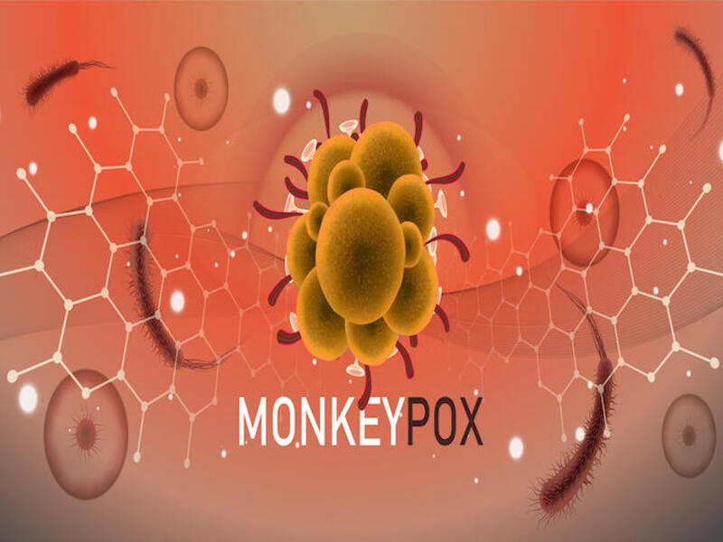 A graphic image of monkeypox with the words \"monkeypox\" written under it in all caps