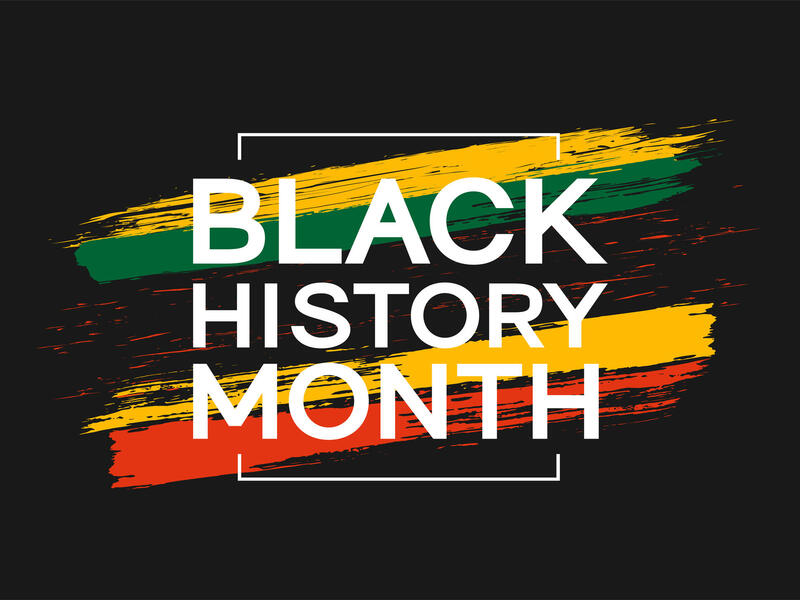 White letters spell out \"BLACK HISTORY MONTH.\" The words are on top of yellow, green, yellow, and red stripes. 