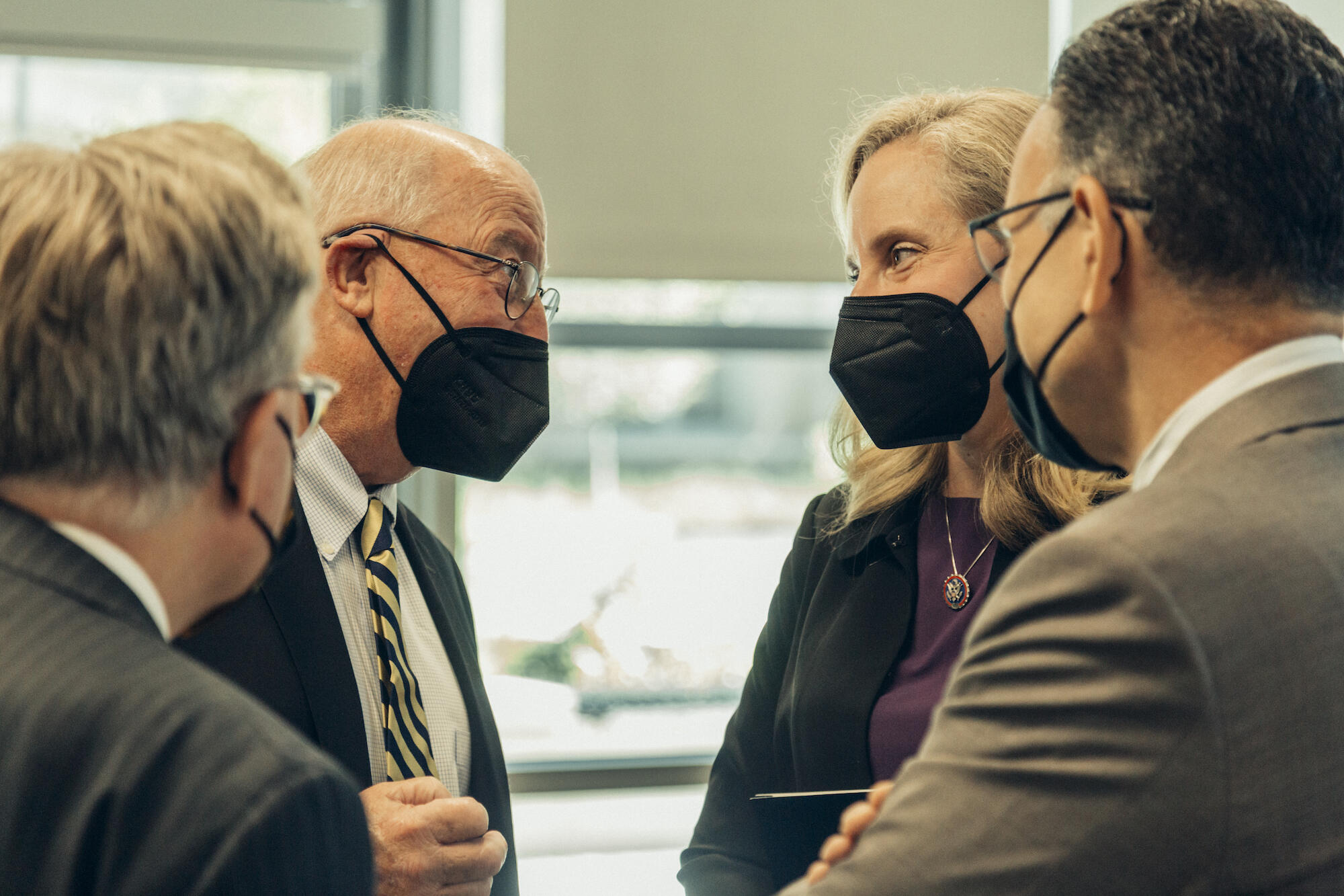 From left: VCU Board of Visitors Rector H. Benson Dendy III; B. Frank Gupton; Abigail Spanberger and VCU Provost and Senior Vice President for Academic Affairs Fotis Sotiropoulos.
