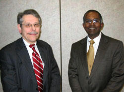 VCU Division of Cardiology Chair, Dr. George Vetrovec (left), was faculty host for Cardiology's Grand Rounds that featured Dr. Vigneshwar Kasirajan (right), assistant professor of the Division of Cardiothoracic Surgery as the featured lecturer for an overview of the latest treatments and practices in adult cardiac surgery.

Photo by Michael Ford, University News Services