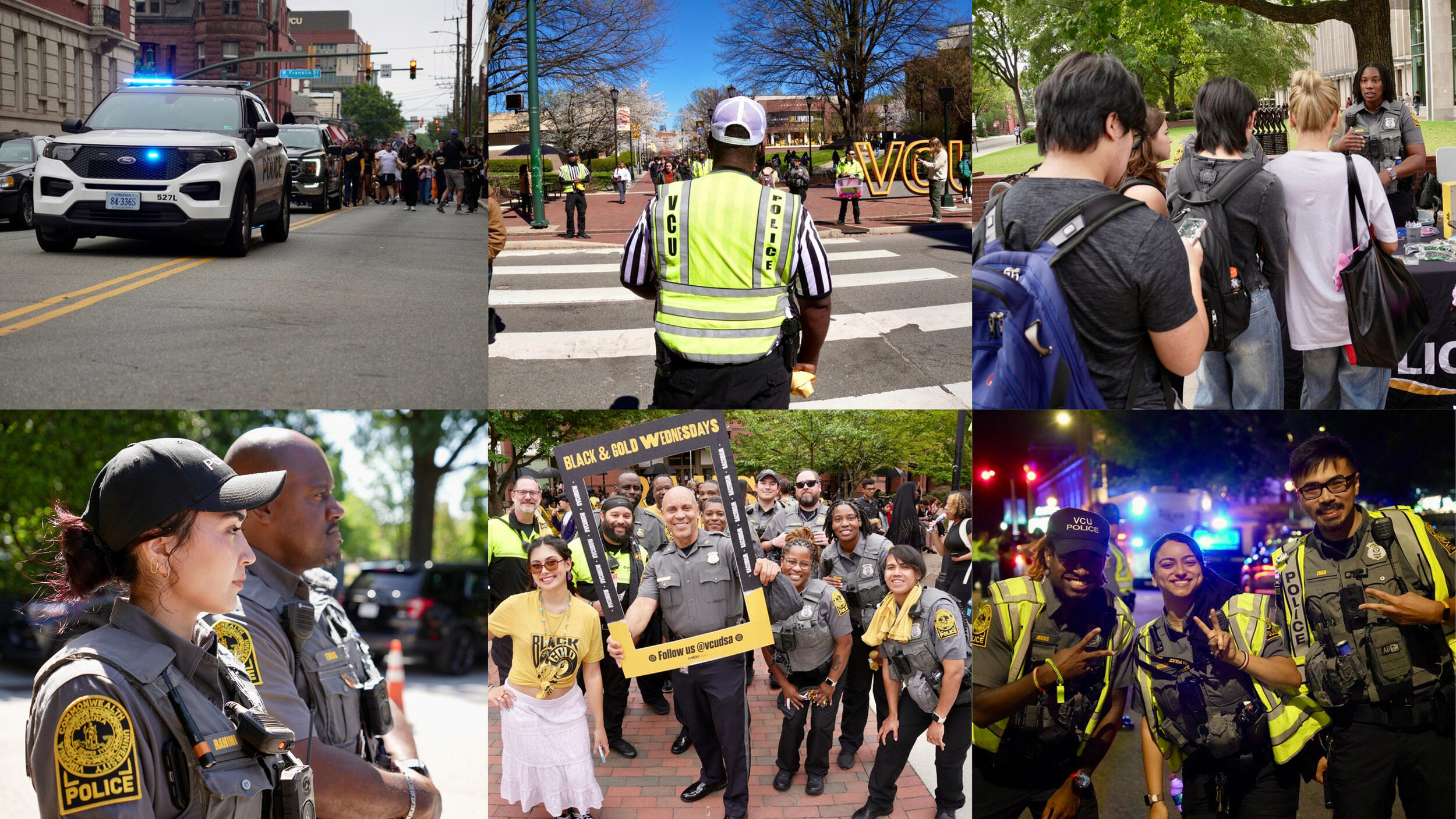A collage of six photos. The far left photo shows a police SUV driving with the lights on. The middle top photo is a police officer standing at a cross walk. The top right photo is a line of people. The second bottom left photo shows two police officers from the shoulders up. The middle bottom picture shows a crowd of police officers smiling. The bottom right photo shows three police officers smiling. 