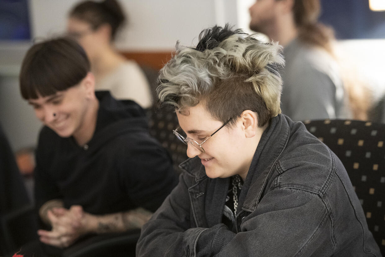 Students in Mary Caton Lingold's sound studies course listen to podcasts produced by their classmates.