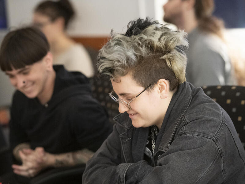 Students in Mary Caton Lingold's sound studies course listen to podcasts produced by their classmates.