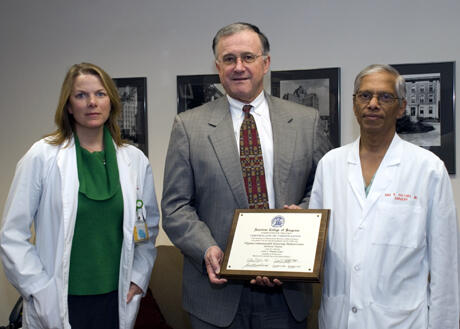 From left: Nancy Martin, R.N., director of the Trauma program, John Duval, CEO of MCV Hospitals, and Dr. Rao Ivatury, chair of the Department of Surgery’s Division of Trauma, Critical Care and Emergency General Surgery.

Photo by Melissa Gordon, VCU Communications and Public Relations
