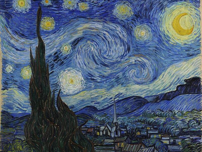 The painting \"The Starry Night\" by Vincent Van Gogh. It shows a sky swirling with different shades of blue as stars and the moon glow in yellow. The landscape shows rolling hills, a village, and twisting trees in dark blues and greens. 