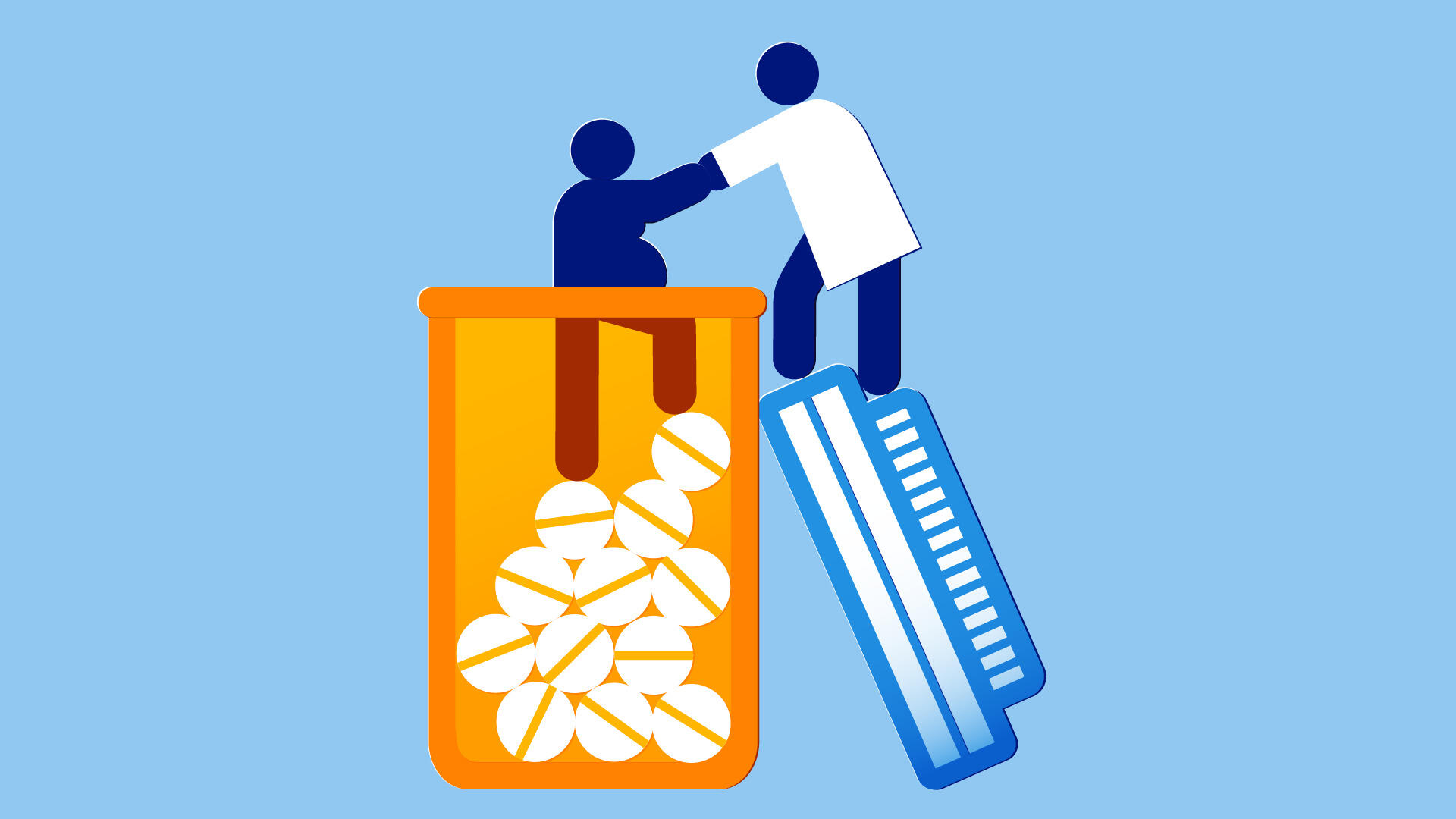 An illustration of a person wearing a white medical coat pulling out another person stuck inside of a prescription pill bottle. 