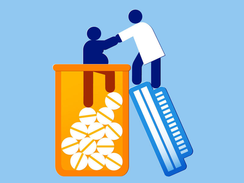 An illustration of a person wearing a white medical coat pulling out another person stuck inside of a prescription pill bottle. 