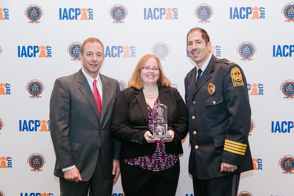 From left: VCU Police Investigations Lt. Duane Thorp; Cpl. Tricia Mozingo, VCUPD's Victim-Witness Coordinator; and Chief John Venuti accept the 2017 IACP Leadership in Victim Services Award. (Photo credit: Erin Schrad/VACP)