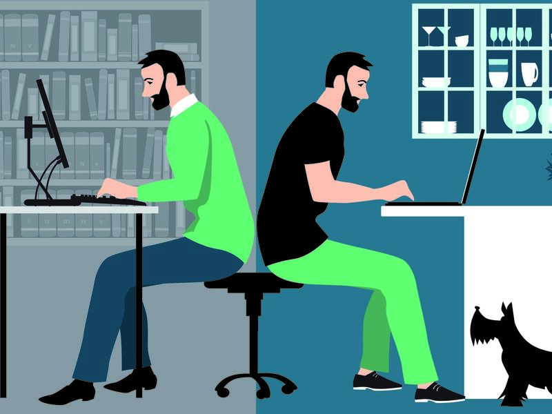 An illustration of two men sitting back to back. The man on the left is working at an office desk and the man on the right is working at a kitchen counter. 