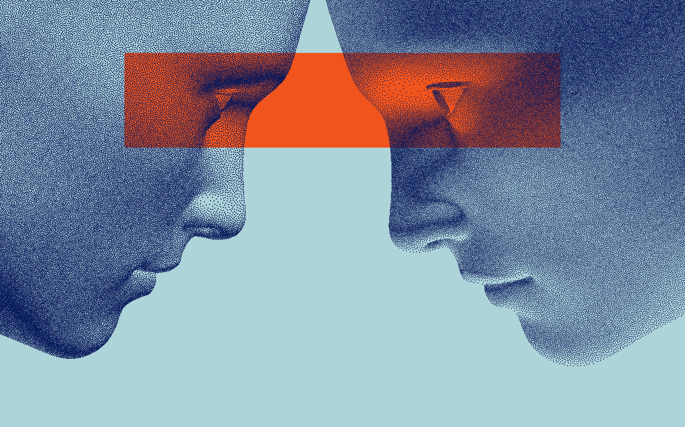 An illustration of two blue faces looking at each other. There is a transparent red rectangle covering the two face's eyes. 