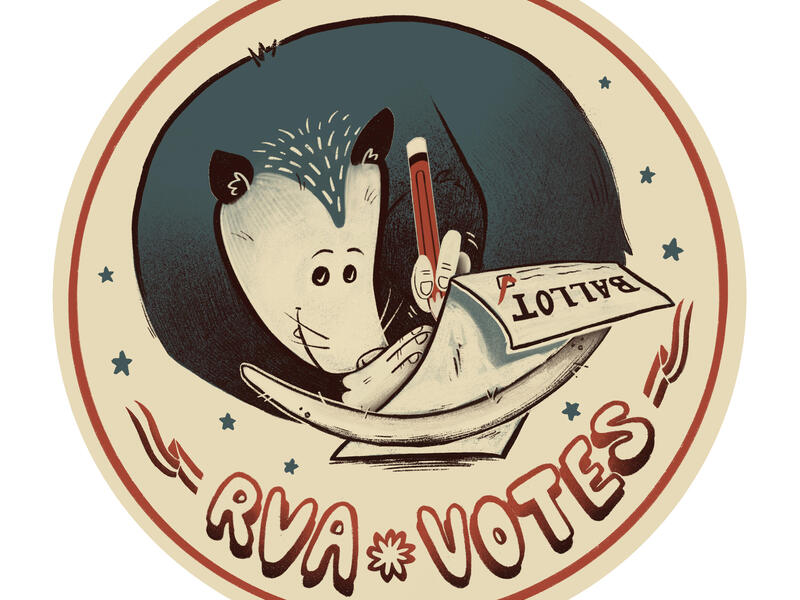 A cream circle with an illustration of a opossum holding a piece of paper that says \"BALLOT\" in black letter with its tail. In its right hand is a red pencil. The bottom of the sticker says \"RVA * VOTES\" 