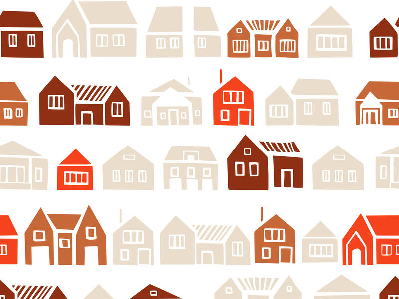Graphic with rows of different-colored houses.