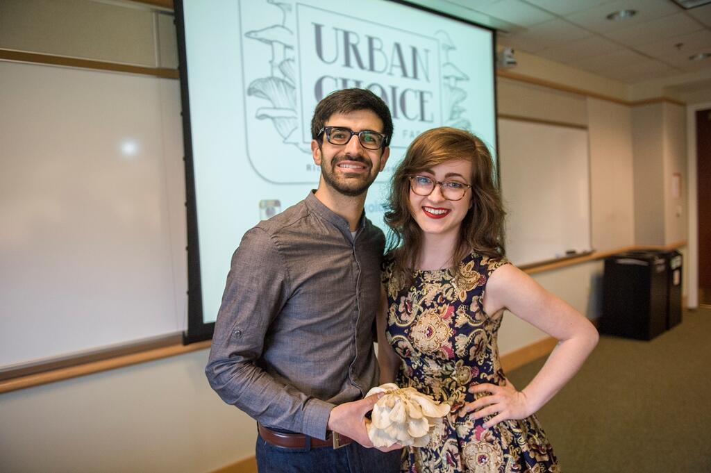Senior Jake Greenbaum and junior Lindsay Hawk won the top prize in the undergraduate category at the Venture Creation Competition for their business Urban Choice Mushroom Farm. Photo by Tom Kojcsich, University Marketing.