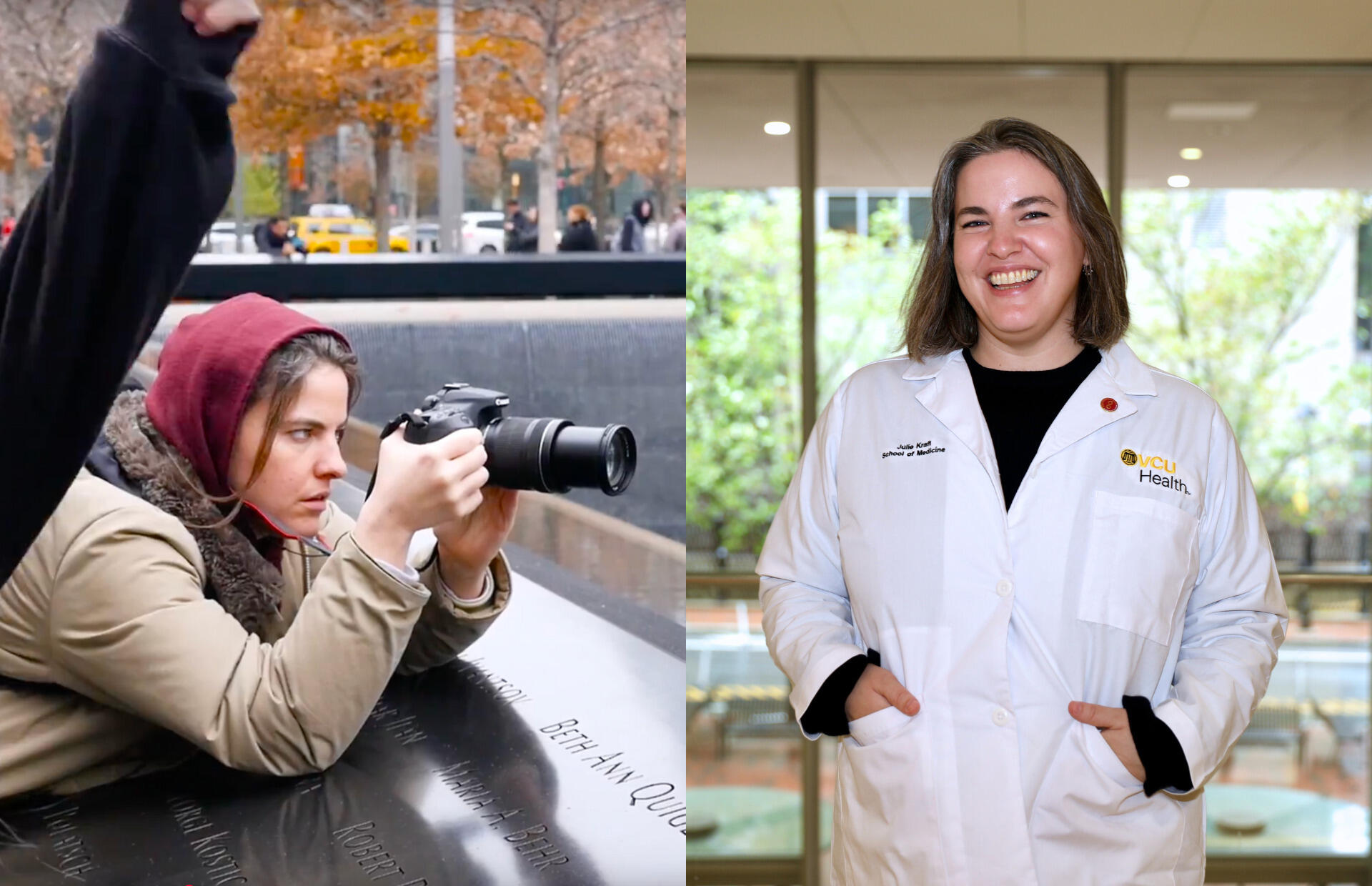 Two photos of the same woman side by side. On the left is a photo of a woman holding a dslr camera. On the right it shows her standing and wearing a medical coat. 
