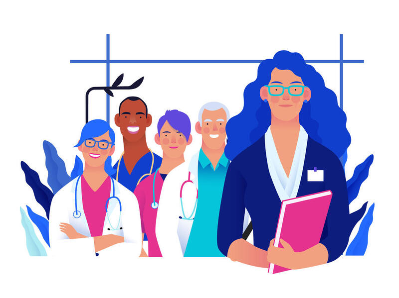 An illustration of four people in medical scrubs standing behind a woman wearing an ID tag and holding a book 