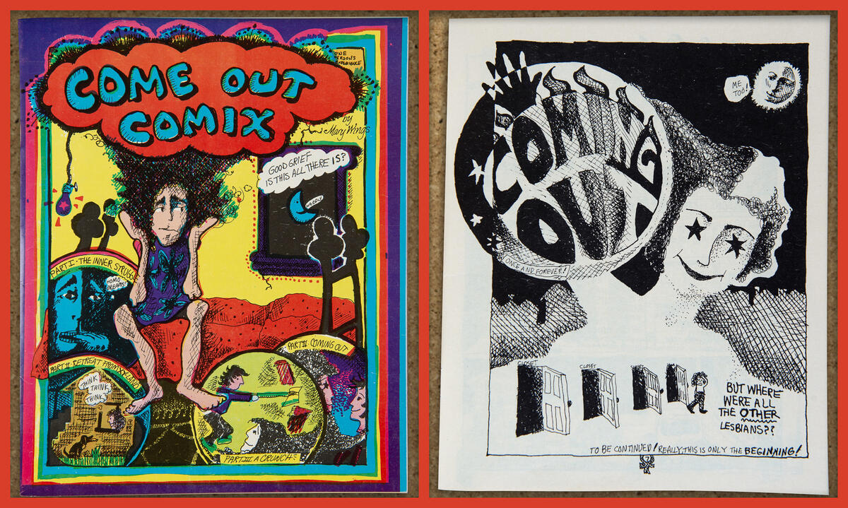 A photo of the front of a comic book that says \"COME OUT COMIX\" in blue text. It shows an illustration of a person sitting on a bed during the night. Next to that photo is a picture of the inside of the comic book which sows and black and white illustration of a large person looming over four open doors,with the fourth door having a person walking out of it. Over the large person is a circle that says \"COMING OUT\" in black text. 