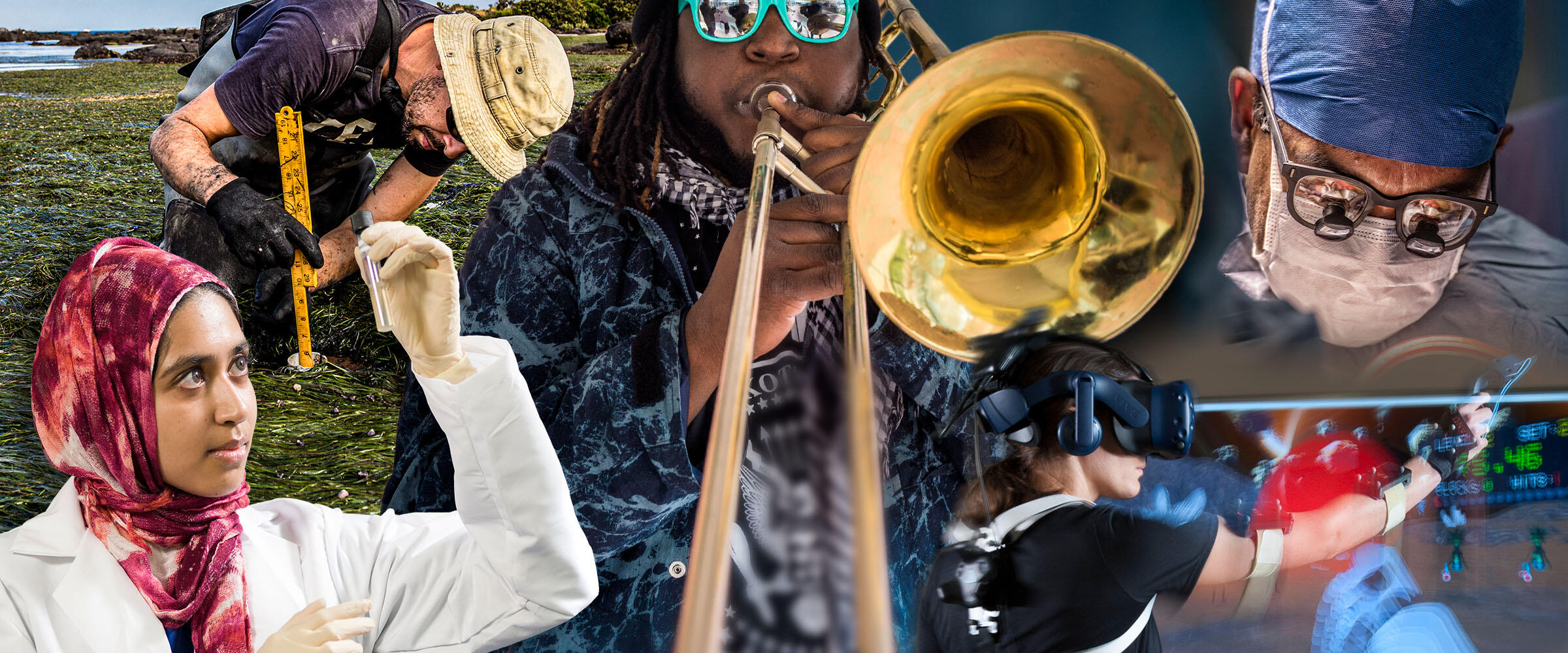 A combined image of five scenes: A VCU student in a lab coat inspects a vial, a researcher studies a wetland environment, a student in The Peppas plays the trombone, a doctor performs surgery and a student conducts VR research in a lab.