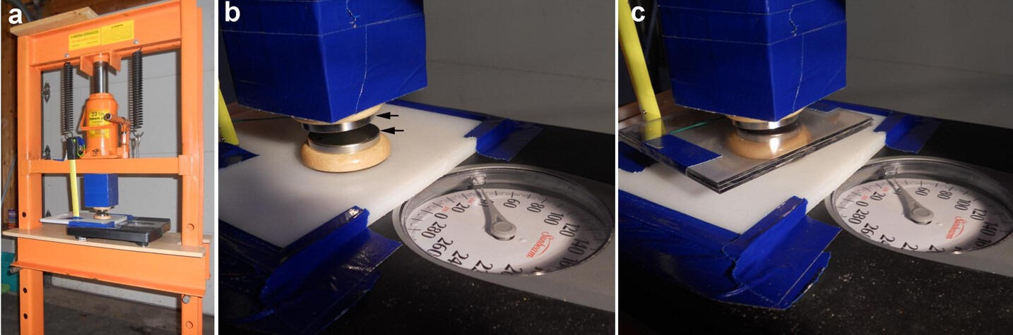 a: The bearing press Ray Colello used to show the repulsive force of his magnets. b: Colello’s bathroom scale showing that two magnets opposing each other at a specific distance created 40 pounds of force. c: With football helmet material inserted between the magnets, the scale shows no difference in repulsive force. 