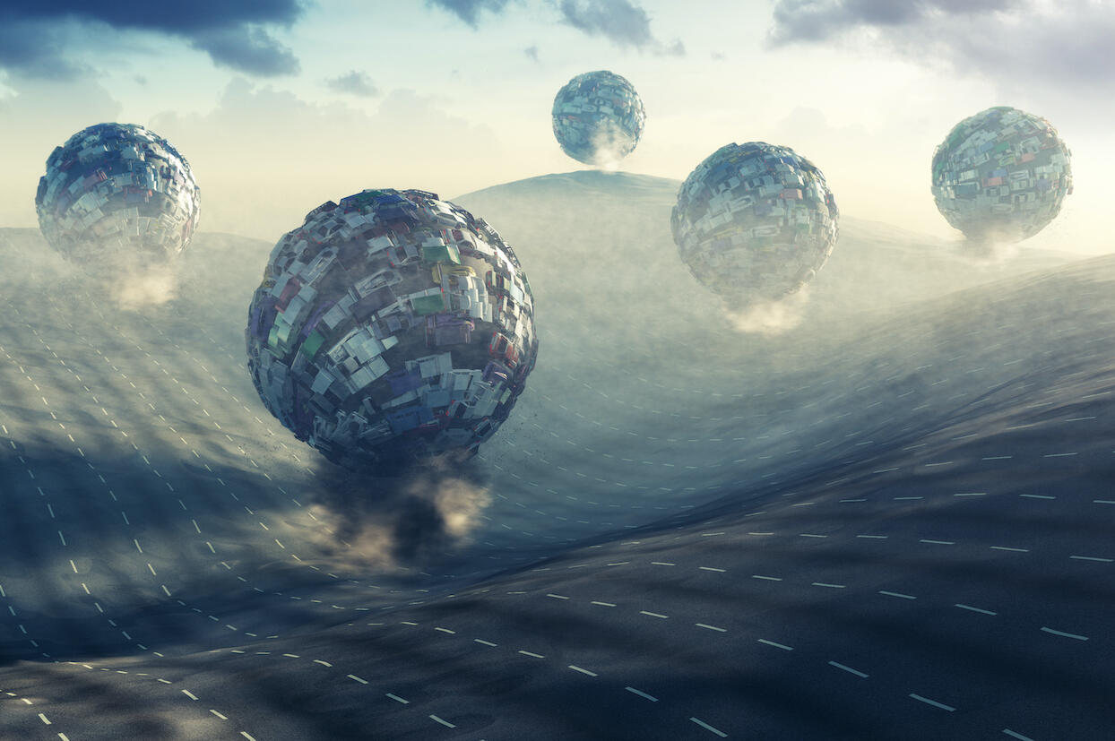 Artwork depicting spheres consisting of automobiles.