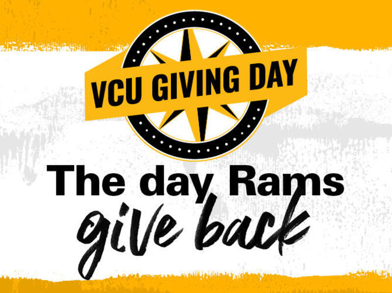 An illustration of a compas with a banner over it that says \"VCU GIVING DAY.\" underneath is black text that reads \"The day Rams give back.\" 