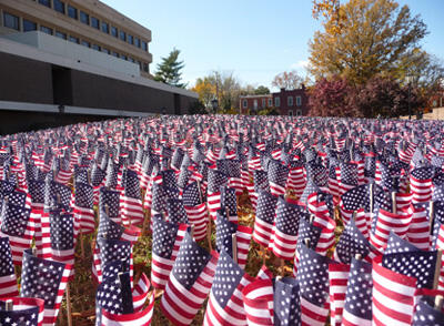 Members of the VCU Student Veterans Association planted more than 6,000 miniature American flags into the ground near Harris Hall. The flags represent military casualties since the Sept. 11 terror attacks. Photos by Mike Porter, VCU Communications and Public Relations.