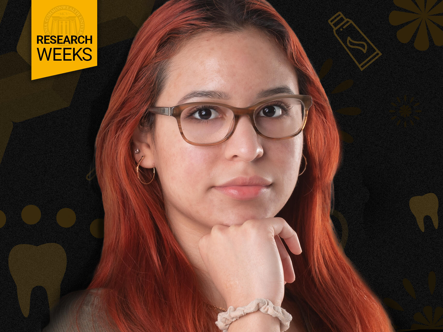 Jenifer Nunez looking at the camera with her hand under her chin. In the upper left corner is a yellow tab that says \"Research Weeks\" in black text.