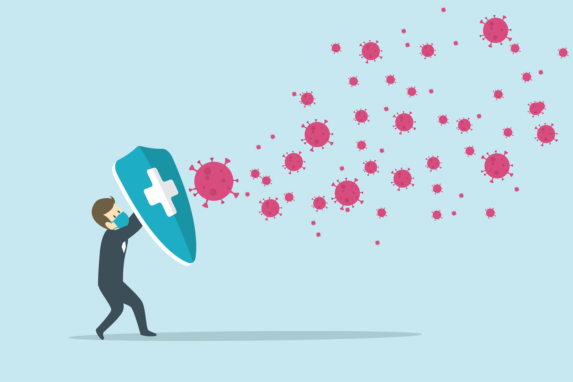 illustration of a man wearing a mask and holding a shield to block COVID particles