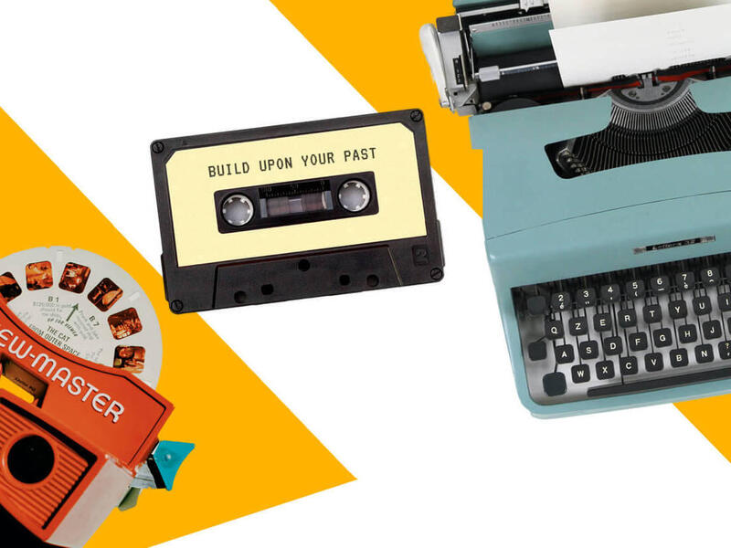 Graphic showing a view-master, a cassette tape and a typewriter