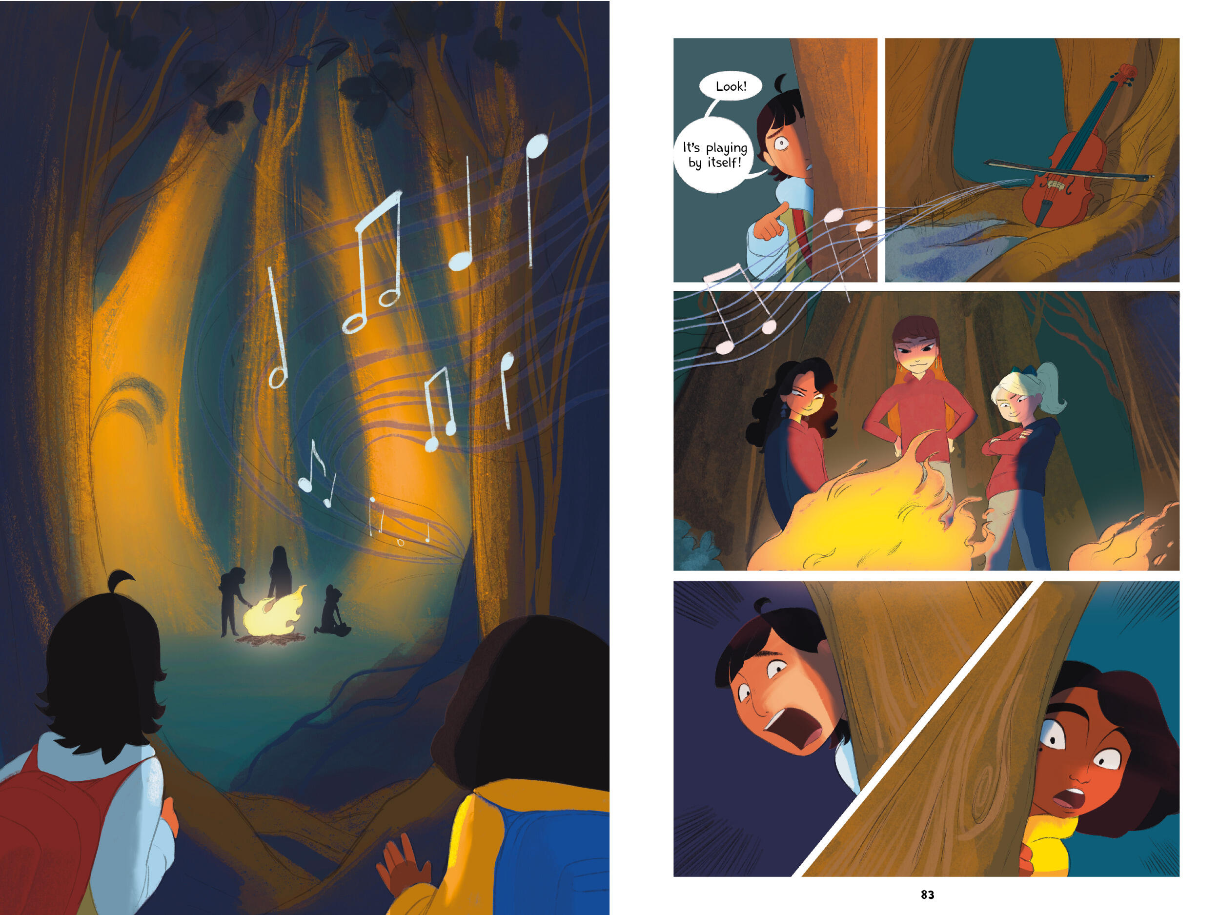 In several comic panels, music notes swirl over a scene of two students, Xi and Shakti, watching three girls with sinister expressions standing in front of a fire in the woods. A violin plays music by itself as the two students hide behind a tree. The text reads: “Look! It’s playing by itself!” Xi and Shakti gasp while peering out from behind a tree toward the fire.