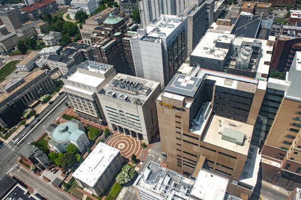 Aerial photo of V C U's medical campus.