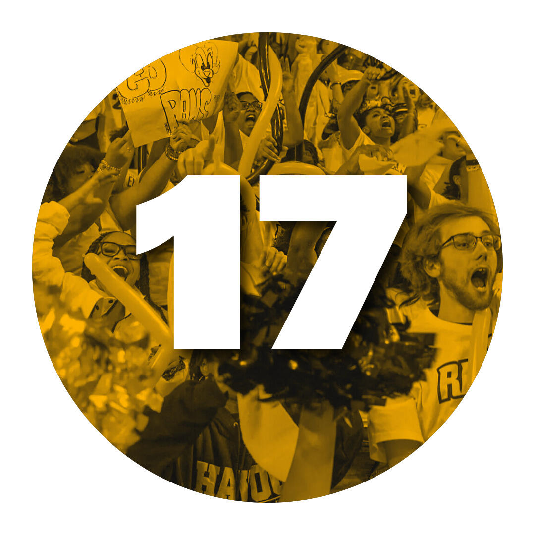 The number 17 overlaying background image showing sports fans cheering.