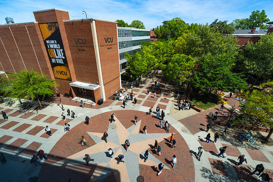 An aerial view of the VCU campus plaza.