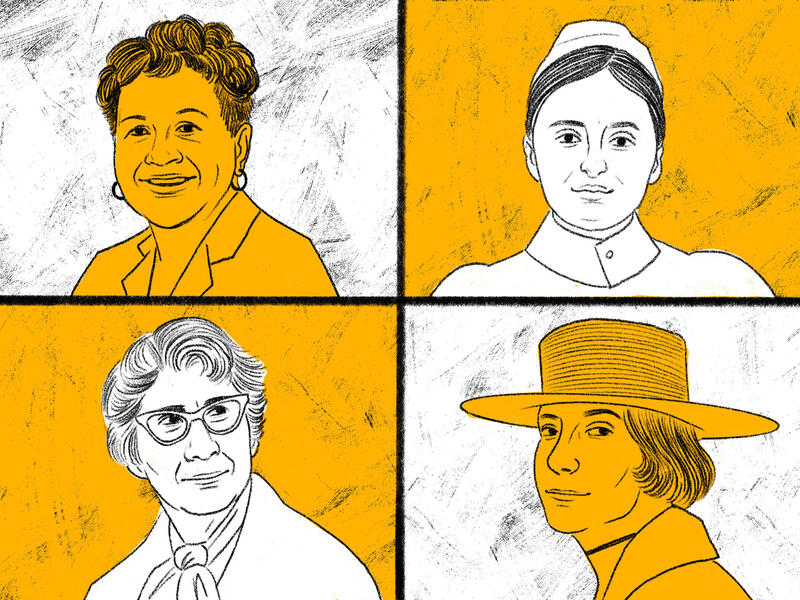 A rectangle with four illustrations of women from the shoulders up. 