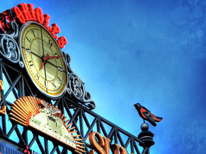 Image of retro scoreboard clock at Oriole Park at Camden Yards